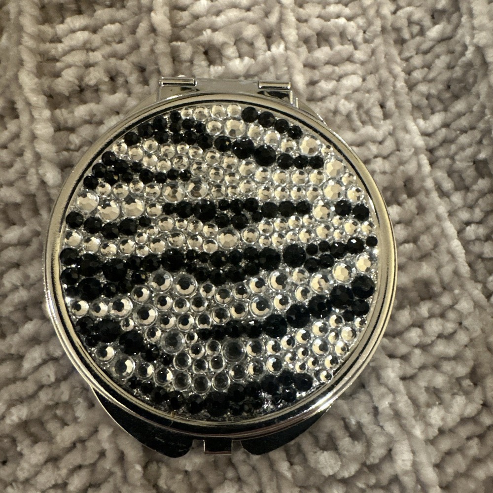 Crystals Mirror Compact Beauty Bling Portable Black Silver‎ Pretty Magnify